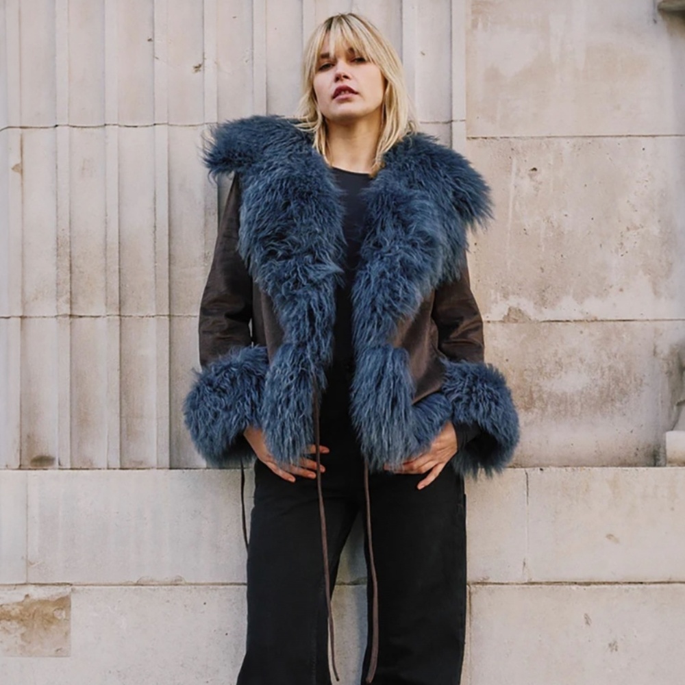 Charlotte Simone - SOLD OUT - Birdie Faux Fur Teddy Jacket Brown & Charcoal Blue